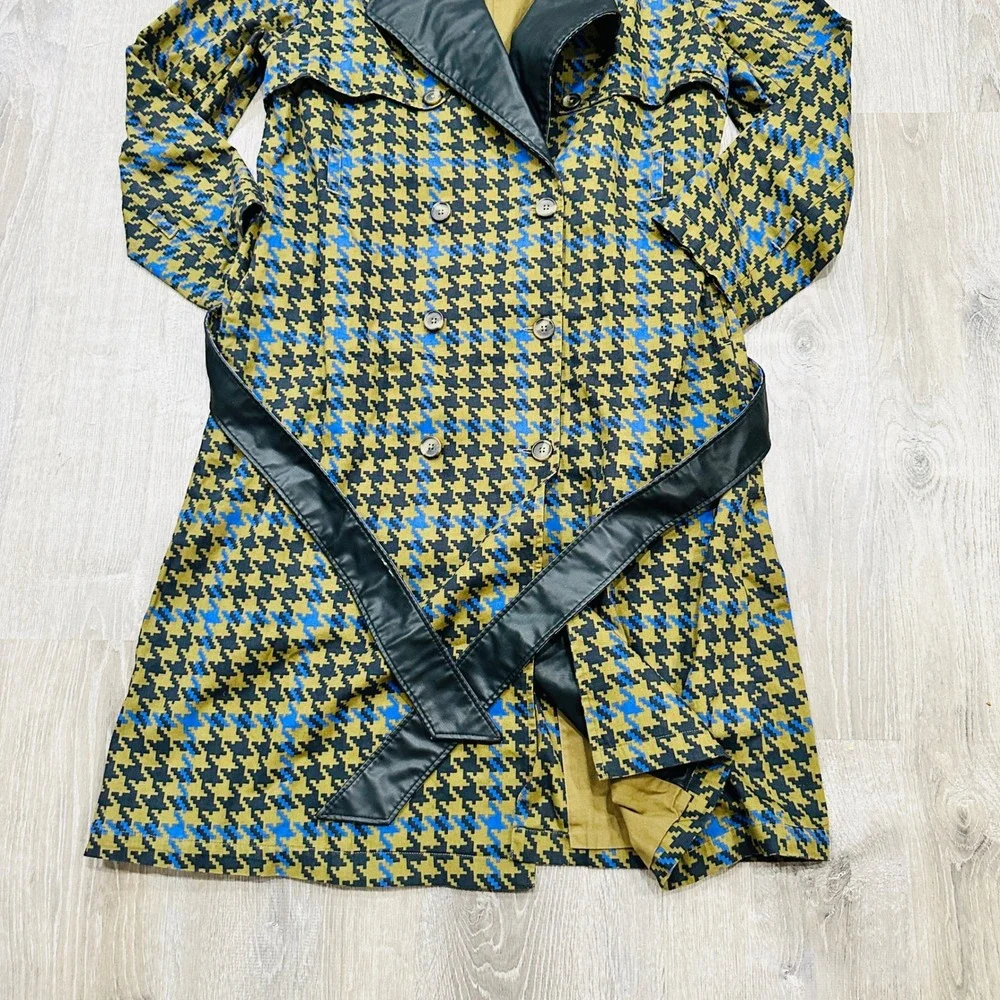 The Drop signedblake Houndstooth Trench Coat Olive Blue Faux Leather Trim M - Picture 11 of 16
